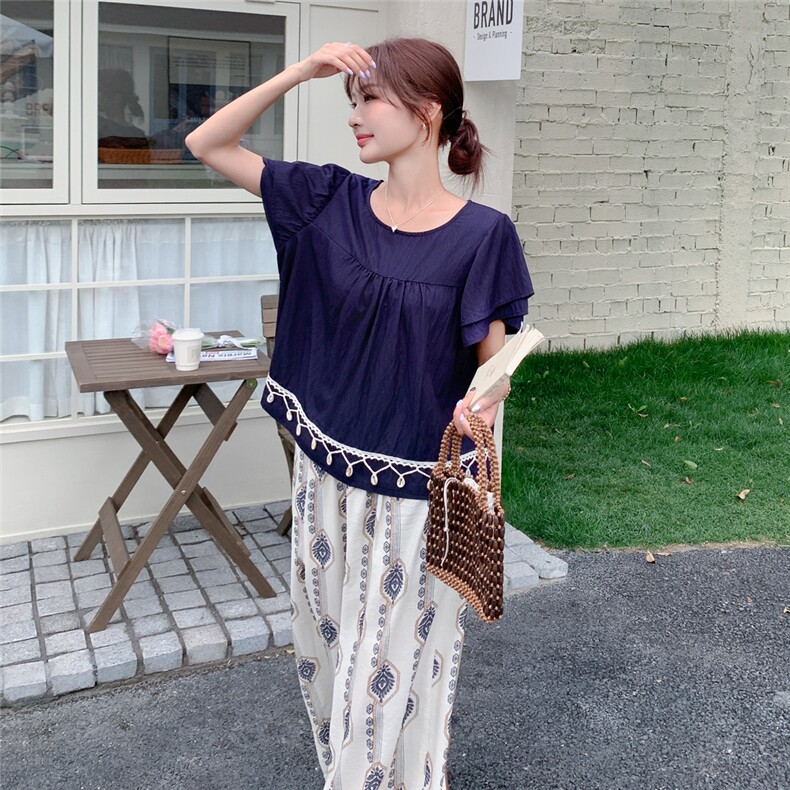 复古慵懒风休闲套装女2025夏新款设计感圆领上衣印花阔腿裤两件套,女装套装/套裙,2C205
