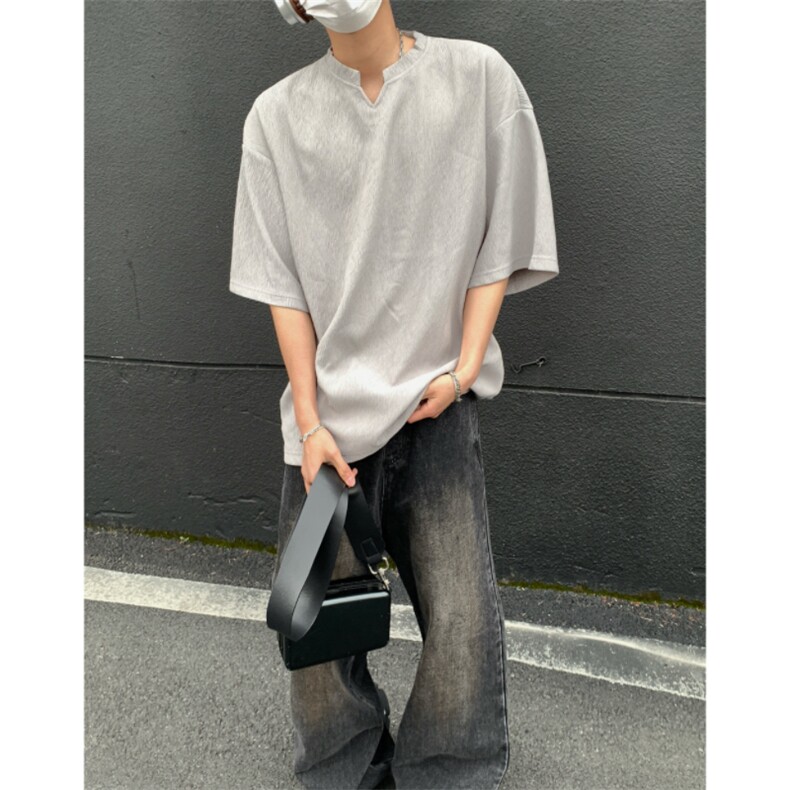 2026夏装V领短袖条纹T恤大码男纹理提花半袖 T8608/特P20 灰色5图片
