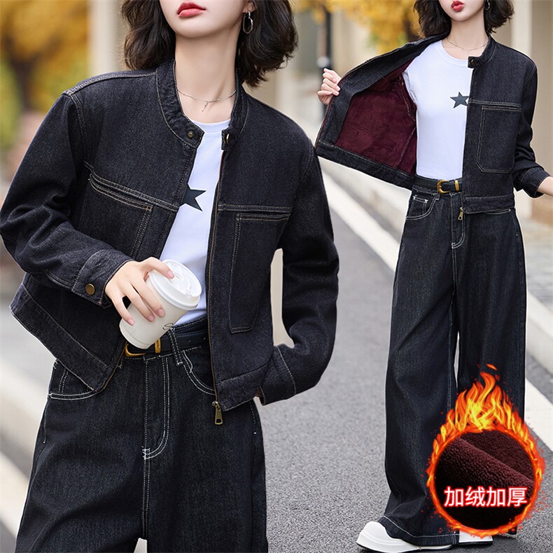 加绒牛仔短外套女秋冬季2024新款小个子加厚宽松夹克时尚上衣,女装牛仔外套,江南女神