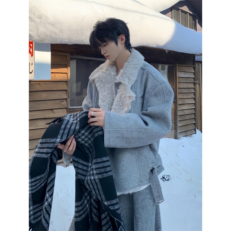 杏色座山雕双排扣毛领棉服男秋冬季美式潮牌高街加绒加厚毛呢外套,男装棉衣,星座506A