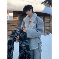 杏色座山雕双排扣毛领棉服男秋冬季美式潮牌高街加绒加厚毛呢外套，男装棉衣，星座506A