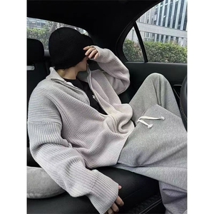 美式复古毛衣外套cleanfit潮高街落肩慵懒风拉链针织开衫,粉色毛衣搭配啥颜色披肩图片