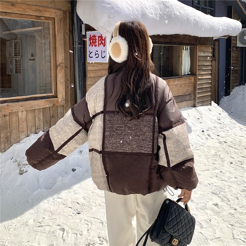 现货拼色羽绒服女冬短款小个子2025年新款今年流行设计感小众拼接,女装羽绒服,琦鑫阁（原依鑫阁）