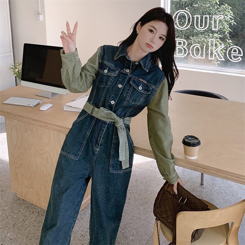 2024春装新款时尚潮流简约气质牛仔通勤连体裤，女装连体裤，浙宝220