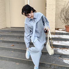 蓝色披肩衬衫套装裙女春秋2025新款流行松驰感两件套爆款超火流行，女装套装/套裙，2C108