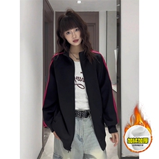 480G重磅加绒硬挺boxy男女秋冬美式高街三条杠立领卫衣开衫厚外套，女装短外套，电商A486-1