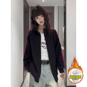 480G重磅加绒硬挺boxy男女秋冬美式高街三条杠立领卫衣开衫厚外套图片