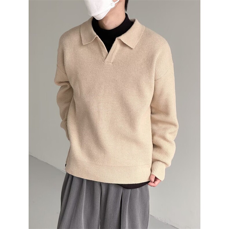 秋冬季韩风复古翻领毛衣男士厚v领慵懒风长袖休闲宽松针织打底衫，男装T恤，星座1013-1