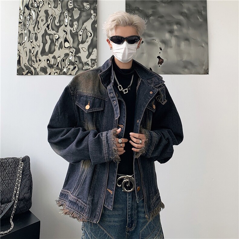 做旧牛仔外套男秋季美式潮牌复古上衣毛边痞帅夹克短款JK8618/P78,男装工装外套,星座506