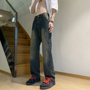 水洗做旧牛仔裤潮牌男美式复古高街裤子oversize直筒裤GN1652-p45图片