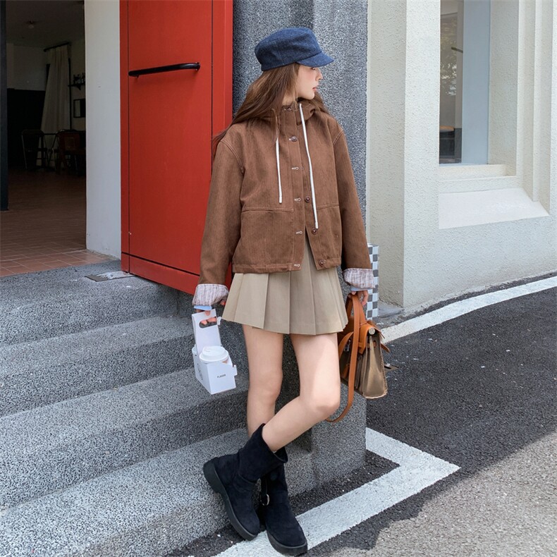 焦糖色设计款抽绳连帽短款外套女2025秋季新款慵懒高级感宽松外套,女装短外套,浪娴服饰