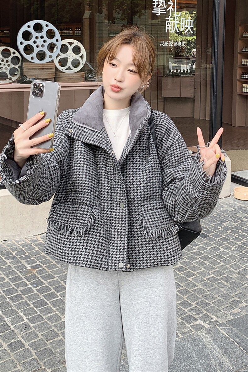 小香风千鸟格立领羽绒服女小个子2024冬季新款加厚爆款白鸭绒外套,女装羽绒服,慧峰