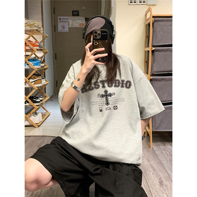 EQ244*230克华夫格短袖男女学院风卡通印花T恤港风ins潮流夏季，男装T恤，电商C306-1