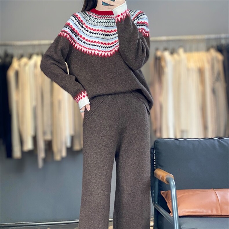 2025年秋季新款百搭女士虚线费尔岛7针套装,女装羊毛衫,宛庄羊绒