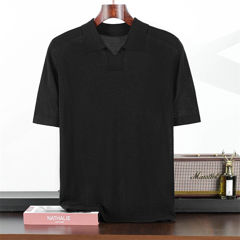 夏季新款男士海鸥领精纺羊毛短袖显瘦时尚针织上衣，男装T恤，鹿一羊绒