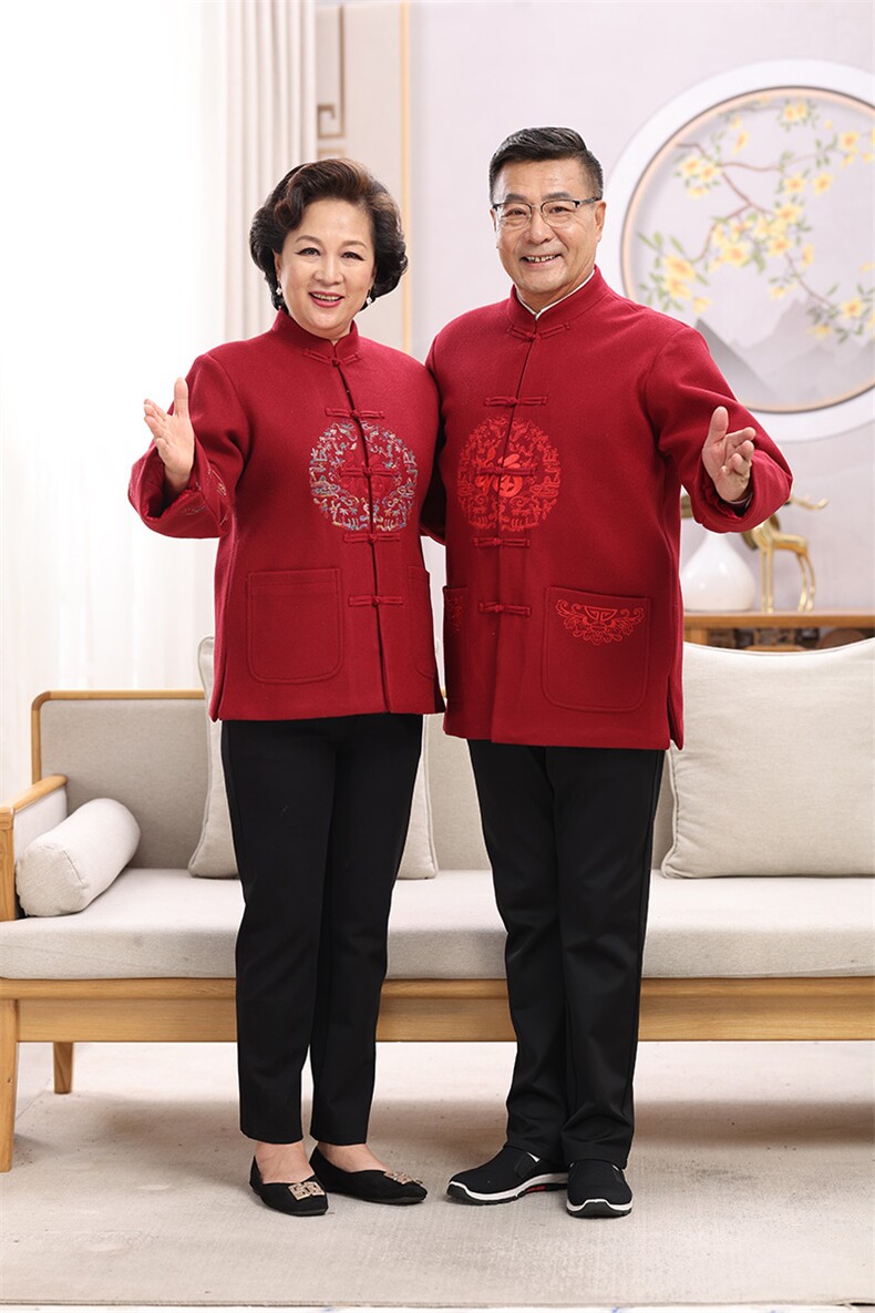秋冬季老年福字保暖防风立领毛呢上衣加厚款,女装中老年女装,亚东羊绒制品