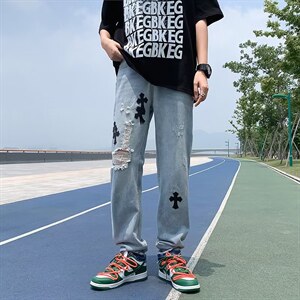 牛仔裤男夏季潮大码休闲裤子高街十字架破洞裤子N8102P42图片
