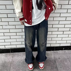 美式复古高级感拼接秋冬牛仔裤男宽松高街阔腿垂感直筒裤长裤，男装牛仔裤，星座716-2
