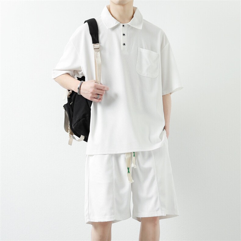夏季新款港风翻领短袖上衣日系POLO衫休闲情侣冰丝套装男TZ11P60图片