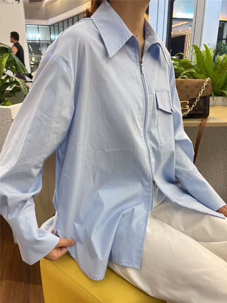 2025年秋季休闲长袖时尚百搭通勤简约休闲单兜双拉链衬衣,女装衬衫,湘姗