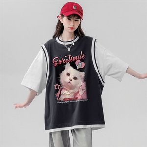 ！夏季时尚可爱小猫印花假两件背心短袖T恤女T6618 P40控58图片