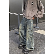 美式复古水洗牛仔裤男秋冬新款宽松休闲百搭直筒阔腿拖地裤，男装牛仔裤，星座410-6（原星座1304-1）