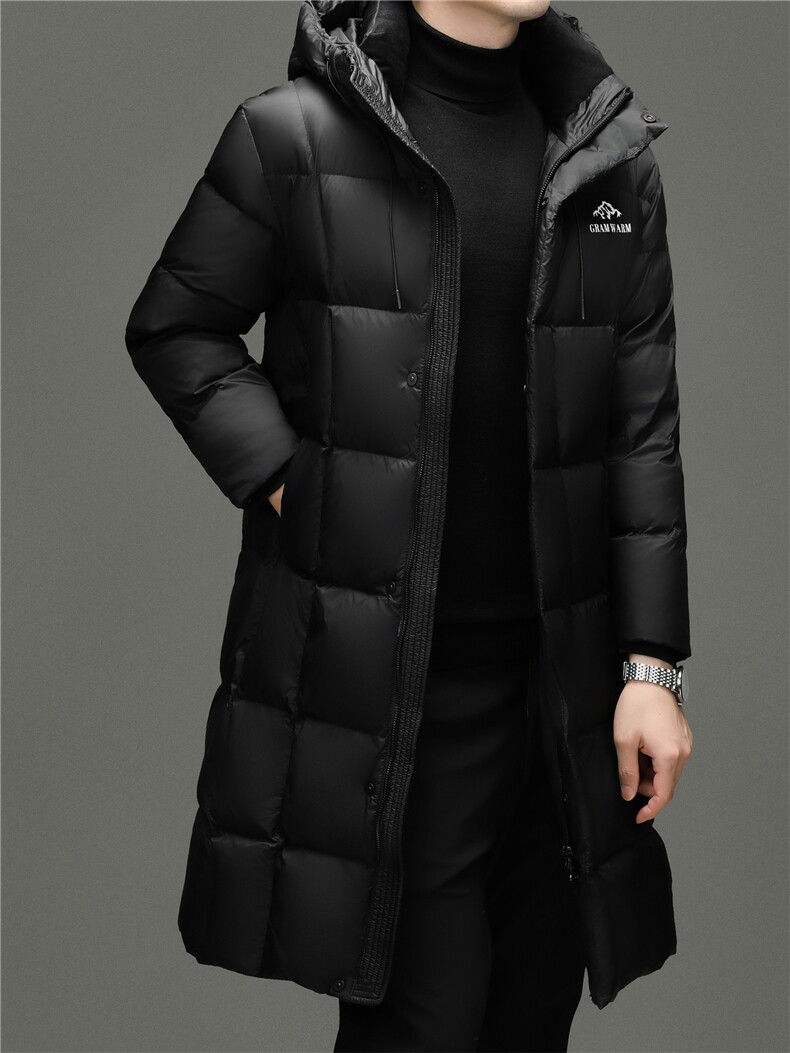 大货冬季男士连帽长款90%白鸭绒羽绒服大衣加厚300克羽绒外套,男装羽绒服,钱塘723