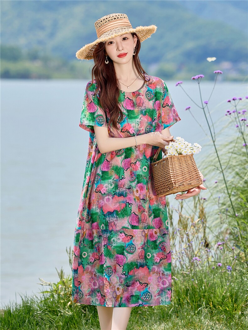 时尚印花圆领棉麻连衣裙女2026夏薄款舒适小个子休闲宽松显瘦裙子,女装连衣裙,倪叶myz