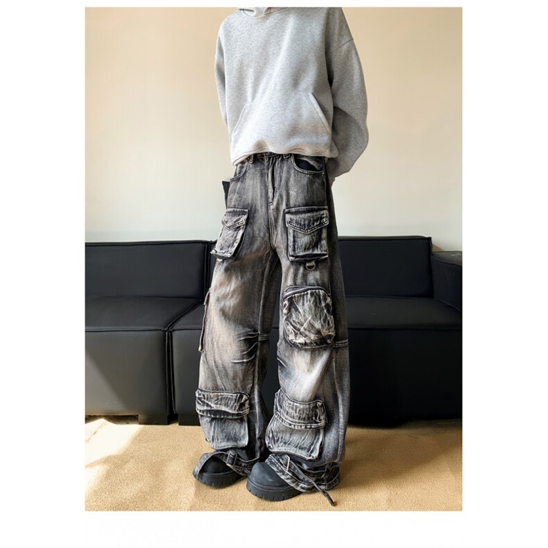 美式复古多口袋工装牛仔裤男女街头做旧水洗阔腿裤子潮N08124-P80,男装牛仔裤,星座308B-2