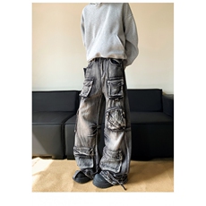 美式复古多口袋工装牛仔裤男女街头做旧水洗阔腿裤子潮N08124-P80，男装牛仔裤，星座308B-2