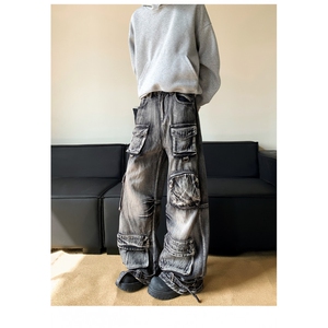 美式复古多口袋工装牛仔裤男女街头做旧水洗阔腿裤子潮N08124-P80图片