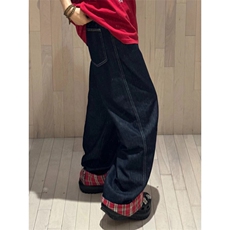 【有货】美式格子拼接卷边牛仔裤男女阔腿裤子高街NZ011WW-特P48，男装牛仔裤，星座1007（原301D）