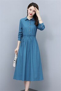 高档长袖棉麻连衣裙女2023秋季新款气质收腰显瘦休闲百搭纯色裙子图片