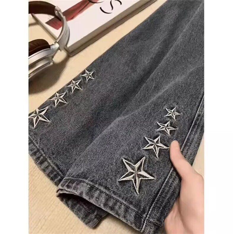 黑色五角星刺绣男女潮牌美式高街痞帅风微喇裤SD660P40，男装休闲裤，星座1112-1