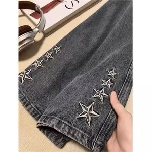 黑色五角星刺绣男女潮牌美式高街痞帅风微喇裤SD660 P40，男装休闲裤，星座1112-1