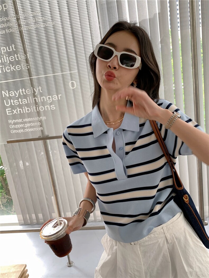 小清新甜美撞色条纹短袖针织衫外穿通勤气质显瘦polo衫正肩打底衫，女装T恤，雪真羊绒
