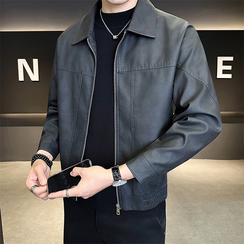 25881-M-4XL-P145店主风秋季男士休闲百搭明线设计翻领皮衣外套男,男装皮衣,电商B255