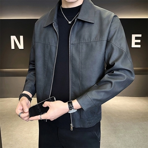 25881-M-4XL-P145店主风秋季男士休闲百搭明线设计翻领皮衣外套男图片