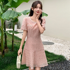 2025年夏季新款圆领包边收腰显瘦时尚连衣裙，女装连衣裙，心心服饰