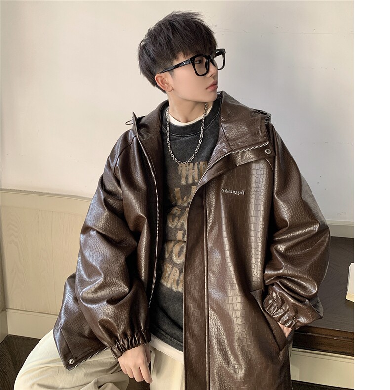1鳄鱼纹连帽冲锋衣大码M-5XL面层：PU皮夹克男JK8744P90控128,男装夹克,星座226-2