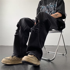 水洗黑色膝盖破洞牛仔裤男夏款美式直筒阔腿乞丐裤1001-1X841-P45，男装牛仔裤，星座1001-1