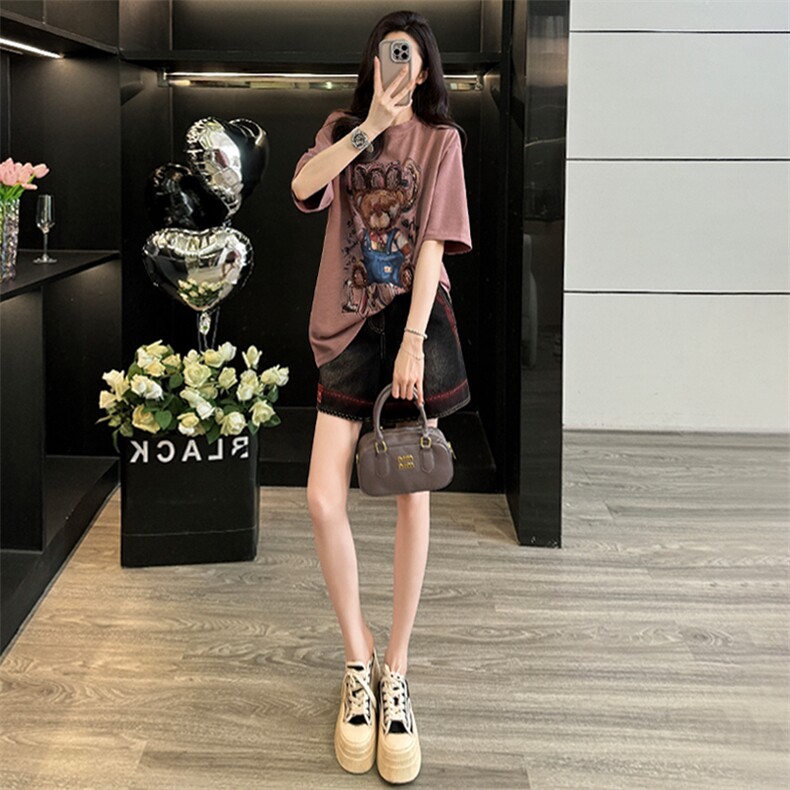 女夏季新款韩版时尚运动休闲套装卡通小熊圆领短袖宽松短裤两件套,女装套装/套裙,2C310