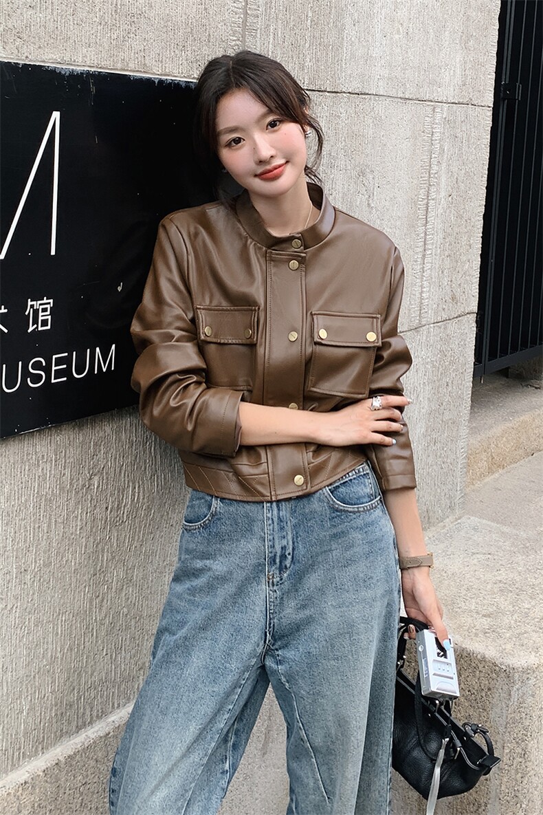 新款单排扣休闲皮夹克显瘦百搭时尚外套,女装皮衣,帛锦泉