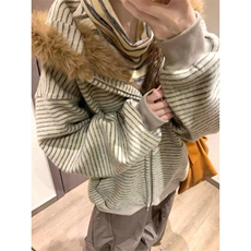 毛领条纹连帽卫衣外套女新款秋冬加绒小众情侣上衣WA279，女装短外套，星座1116A（原606A-3）