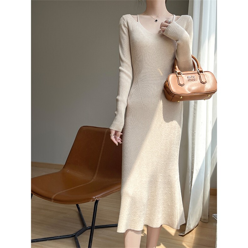 法式针织连衣裙女秋季2024新款气质修身显瘦内搭打底毛衣裙子长款，女装连衣裙，越洋羊