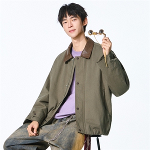 【限价199】美式复古款外套男初秋宽松廓形帆布撞色翻领工装夹克图片