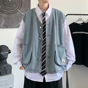 F399 P49男生秋装新中式潮牛仔外套男复古宽松水洗做马甲图片