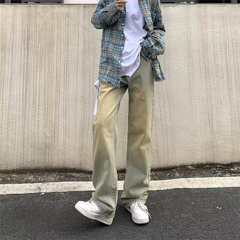 复古慵懒黄泥染牛仔裤男微喇高街直筒青少年宽松休闲百搭牛仔裤,男装牛仔裤,星座1013