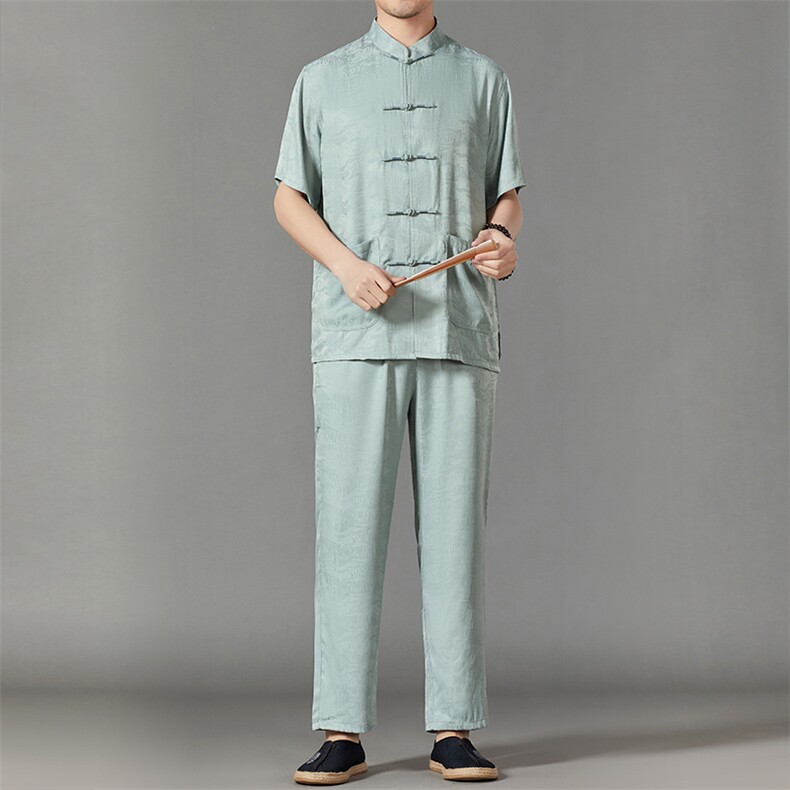 2026夏季薄款高端风冰丝短袖衬衫套装唐装汉服HL23808-P120，男装休闲套装，星座1105-3