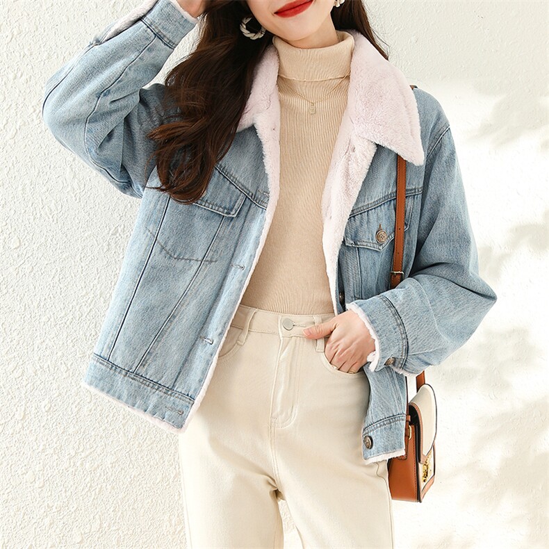 现货2023冬季加绒加厚皮毛一体牛仔派克服女宽松大口袋撞色棉衣,女装派克服,梦懿尔